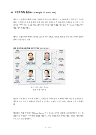 53. 약한고리의 힘(The Strength of week ties)
지금의 고등학생들에게 1촌과 2촌관계를 물어보면 사이월드 이웃관계라고 말할 수도 있을듯
하다. 사이월드가 한창 유행할 무렵, 실제적인 호적상의 촌수가 아닌 디지털로 맺어진 이웃의
관계를 “촌”이라는 친숙한 말로 대치되어 한동안 사회관계를 사이월드 촌수로 그 가깝고 먼사
이를 정의내리곤 했다.

현재의 소셜미디어에서도 이러한 촌수를 따라가보면 특정한 인물을 중심으로 여러사람들이
얽혀있음을 알 수 있다.

유명 트위터리언 인맥도
출처 매경-사이람

인간은 기본적으로 사회적 존재이다. 인터넷과 스마트폰은 세계화를 더욱 가깝게 실현시킨다.
미국에 가지 않아도 오바마와 친구가 될 수 있고, 세계는 소셜네트워크 덕분에 더욱 가까워졌
다.

헐리우드 스타 케빈베이컨(Kevin Bacon)은 다작으로 유명한 배우다. 올해 58년생인 그는 일
급살인을 비롯하여 수백편의 영화를 찍었다. 그와 직간접으로 인연을 맺은 사람은 거의 헐리
우드 스타들을 망라한다.

- 216 -

 