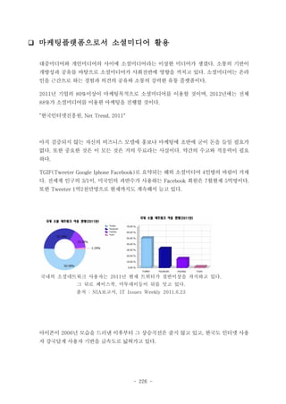 ❑ 마케팅플랫폼으로서 소셜미디어 활용
대중미디어와 개인미디어의 사이에 소셜미디어라는 이상한 미디어가 생겼다. 소통의 기반이
개방성과 공유를 바탕으로 소셜미디어가 사회전반에 영향을 끼치고 있다. 소셜미디어는 온라
인을 근간으로 하는 경험과 의견의 공유와 소통의 강력한 유통 플랫폼이다.
2011년 기업의 80%이상이 마케팅목적으로 소셜미디어를 이용할 것이며, 2012년에는 전체
88%가 소셜미디어를 이용한 마케팅을 진행할 것이다.
“한국인터넷진흥원, Net Trend, 2011"

아직 검증되지 않는 자신의 비즈니스 모델에 홍보나 마케팅에 초반에 굳이 돈을 들일 필요가
없다. 또한 중요한 것은 이 모든 것은 거의 무료라는 사실이다. 약간의 수고와 적응력이 필요
하다.
TGIF(Tweeter Google Iphone Facebook)로 요약되는 해외 소셜미디어 4인방의 바람이 거세
다. 전세계 인구의 3/1이, 미국인의 과반수가 사용하는 Facebook 회원은 7월현재 5억명이다.
또한 Tweeter 1억2천만명으로 현재까지도 계속해서 늘고 있다.

국내의 소셜네트워크 사용자는 2011년 현재 트위터가 절반이상을 차지하고 있다.
그 뒤로 페이스북, 미투데이등이 뒤를 잇고 있다.
출처 : NIA보고서, IT Issues Weekly 2011.6.23

아이폰이 2006년 모습을 드러낸 이후부터 그 상승곡선은 줄지 않고 있고, 한국도 인터넷 사용
자 강국답게 사용자 기반을 급속도로 넓혀가고 있다.

- 226 -

 