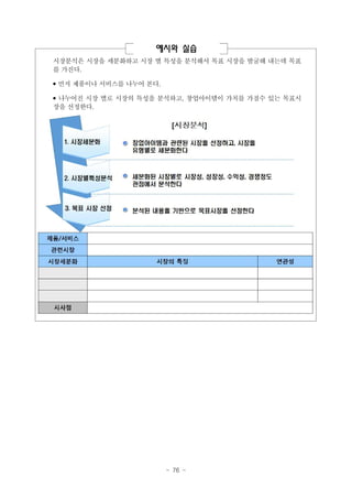 예시와 실습
시장분석은 시장을 세분화하고 시장 별 특성을 분석해서 목표 시장을 발굴해 내는데 목표
를 가진다.
• 먼저 제품이나 서비스를 나누어 본다.
• 나누어진 시장 별로 시장의 특성을 분석하고, 창업아이템이 가치를 가질수 있는 목표시
장을 선정한다.

- 76 -

 