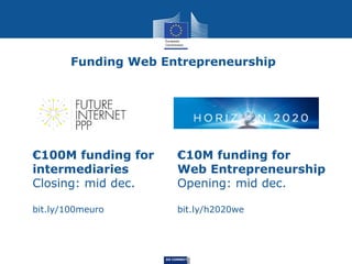 Funding Web Entrepreneurship

€100M funding for
intermediaries
Closing: mid dec.

€10M funding for
Web Entrepreneurship
Opening: mid dec.

bit.ly/100meuro

bit.ly/h2020we

DG CONNECT

 