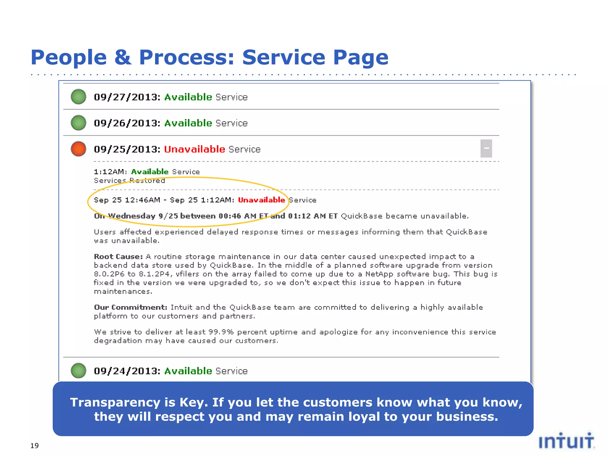 People & Process: Service Page

Transparency is Key. If you let the customers know what you know,
they will respect you and may remain loyal to your business.
19

 