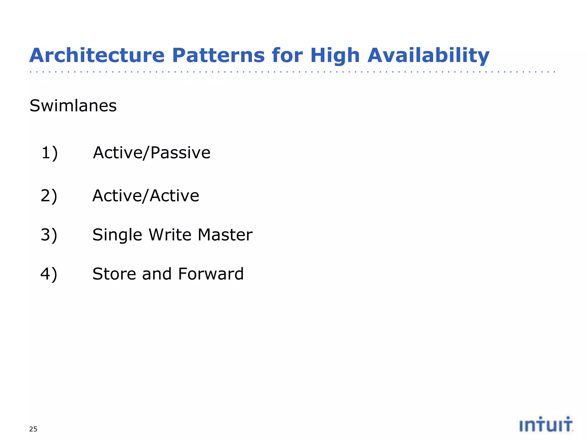 Architecture Patterns for High Availability
Swimlanes

1)
2)

Active/Active

3)

Single Write Master

4)

25

Active/Passive

Store and Forward

 
