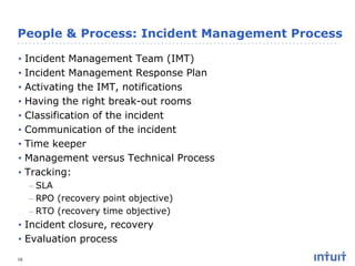 People & Process: Incident Management Process
•
•
•
•
•
•
•
•
•

Incident Management Team (IMT)
Incident Management Response Plan
Activating the IMT, notifications
Having the right break-out rooms
Classification of the incident
Communication of the incident
Time keeper
Management versus Technical Process
Tracking:
– SLA
– RPO (recovery point objective)
– RTO (recovery time objective)

• Incident closure, recovery
• Evaluation process
16

 