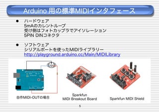Arduino 用の標準MIDIインタフェース
 

ハードウェア
5mAのカレントループ
受け側はフォトカップラでアイソレーション
5PIN DINコネクタ

 

ソフトウェア
シリアルポートを使ったMIDIライブラリー
http://playground.arduino.cc/Main/MIDILibrary

自作MIDI-OUTの場合

Sparkfun
MIDI Breakout Board
5

Sparkfun MIDI Shield

 