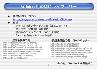 Arduino 用のMIDIライブラリー
 
 
• 
• 
• 
• 

標準MIDIライブラリー
http://playground.arduino.cc/Main/MIDILibrary
仕様
チャネル指定／全チャンネル（オムニモード）
全メッセージ種類の送信関数
読み込みチェック／コールバック指定
Running Statusのサポートあり
送信系関数の例

受信系関数の例（コールバック）

MIDI.sendNoteOn (note, velocity, channel)
MIDI.sendNoteOff (note, velocity, channel)
MIDI.sendPolyPressure (note, pressure, channel)
MIDI.sendControlChange (control, value, channel)
MIDI.sendProgramChange (program, channel)
MIDI.sendAfterTouch (pressure, channel)
MIDI.sendPitchBend (value, channel)
MIDI.sendSysEx (length, array)

MIDI.setHandleNoteOff (OnNoteOff)
MIDI.setHandleNoteOn (OnNoteOn)
MIDI.setHandleVelocityChange (OnVelocityChange)
MIDI.setHandleControlChange (OnControlChange)
MIDI.setHandleProgramChange (OnProgramChange)
MIDI.setHandleAfterTouch (OnAfterTouch)
MIDI.setHandlePitchChange (OnPitchChange)

6

その他、ローレベルの関数あり

 