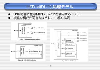 USB-MIDI (1) 処理モデル
  USB経由で標準MIDIデバイスを利用するモデル
  複雑な構成が可能なように、一部を拡張

7

 
