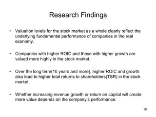 Research Findings	
•  Valuation levels for the stock market as a whole clearly reflect the
underlying fundamental performance of companies in the real
economy.
•  Companies with higher ROIC and those with higher growth are
valued more highly in the stock market.
•  Over the long term(10 years and more), higher ROIC and growth
also lead to higher total returns to shareholders(TSR) in the stock
market.
•  Whether increasing revenue growth or return on capital will create
more value depends on the company’s performance.	
18
 