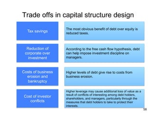 Trade offs in capital structure design	
58
Tax savings	
Reduction of
corporate over
investment	
Costs of business
erosion and
bankruptcy	
The most obvious benefit of debt over equity is
reduced taxes.	
According to the free cash flow hypothesis, debt
can help impose investment discipline on
managers.
Higher levels of debt give rise to costs from
business erosion.
	
Cost of investor
conflicts	
Higher leverage may cause additional loss of value as a
result of conflicts of interesting among debt holders,
shareholders, and managers, particularly through the
measures that debt holders to take to protect their
interests.	
 