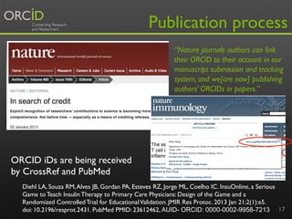 Publication process
“Nature journals authors can link
their ORCID to their account in our
manuscript submission and tracki...