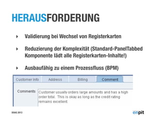 HERAUSFORDERUNG
‣

Validierung bei Wechsel von Registerkarten

‣

Reduzierung der Komplexität (Standard-PanelTabbed
Komponente lädt alle Registerkarten-Inhalte!)

‣

Ausbaufähig zu einem Prozessﬂuss (BPM)

DOAG 2013

 