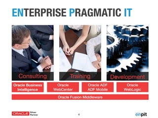 ENTERPRISE PRAGMATIC IT

Consulting
Oracle Business
Intelligence

Training
Oracle
WebCenter

Oracle ADF
ADF Mobile

Oracle Fusion Middleware

4

Development
Oracle
WebLogic

 
