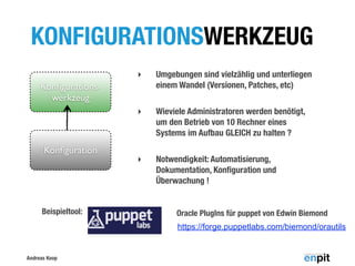 KONFIGURATIONSWERKZEUG
‣

Umgebungen sind vielzählig und unterliegen
einem Wandel (Versionen, Patches, etc)

‣

Wieviele Administratoren werden benötigt,
um den Betrieb von 10 Rechner eines
Systems im Aufbau GLEICH zu halten ?

‣

Notwendigkeit: Automatisierung,
Dokumentation, Konﬁguration und
Überwachung !

Konﬁgurationswerkzeug

Konﬁguration

Beispieltool:

Oracle PlugIns für puppet von Edwin Biemond
https://forge.puppetlabs.com/biemond/orautils

Andreas Koop

 
