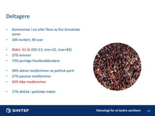 Deltagere
•
•

Kommentar i en eller flere av fire tematiske
soner
204 invitert, 90 svar

•
•
•

Alder: 51 år (SD=13, min=22, max=83)
37% kvinner
73% jevnlige Facebookbrukere

•
•
•

30% aktive medlemmer av politisk parti
27% passive medlemmer
43% ikke medlemmer

•

17% deltok i politiske møter

Teknologi for et bedre samfunn

24

 