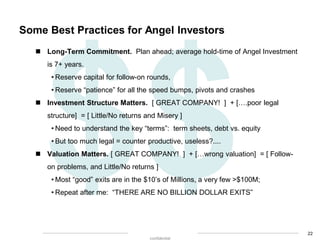 Some Best Practices for Angel Investors
 Long-Term Commitment. Plan ahead; average hold-time of Angel Investment
is 7+ ye...