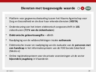Diensten met toegevoegde waarde
•

Platform voor gegevensuitwisseling tussen het Vlaams Agentschap voor
Zorg en Gezondheid...