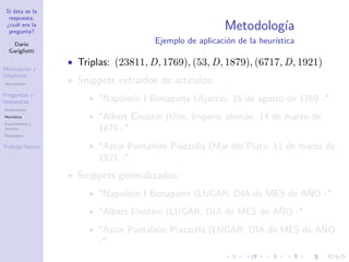 Si ésta es la
respuesta,
¿cuál era la
pregunta?
Darío
Garigliotti
Motivación y
Objetivos
Aplicaciones
Preguntas y
respuestas
Arquitectura
Heurística
Experimentos y
recursos
Resultados
Trabajo futuro
Metodología
Ejemplo de aplicación de la heurística
• Triplas: (23811, D, 1769), (53, D, 1879), (6717, D, 1921)
• Snippets extraidos de artículos:
• Napoleón I Bonaparte (Ajaccio, 15 de agosto de 1769 -
• Albert Einstein (Ulm, Imperio alemán, 14 de marzo de
1879 -
• Astor Pantaleón Piazzolla (Mar del Plata, 11 de marzo de
1921 -
• Snippets generalizados:
• Napoleón I Bonaparte (LUGAR, DIA de MES de AÑO -
• Albert Einstein (LUGAR, DIA de MES de AÑO -
• Astor Pantaleón Piazzolla (LUGAR, DIA de MES de AÑO
-
 