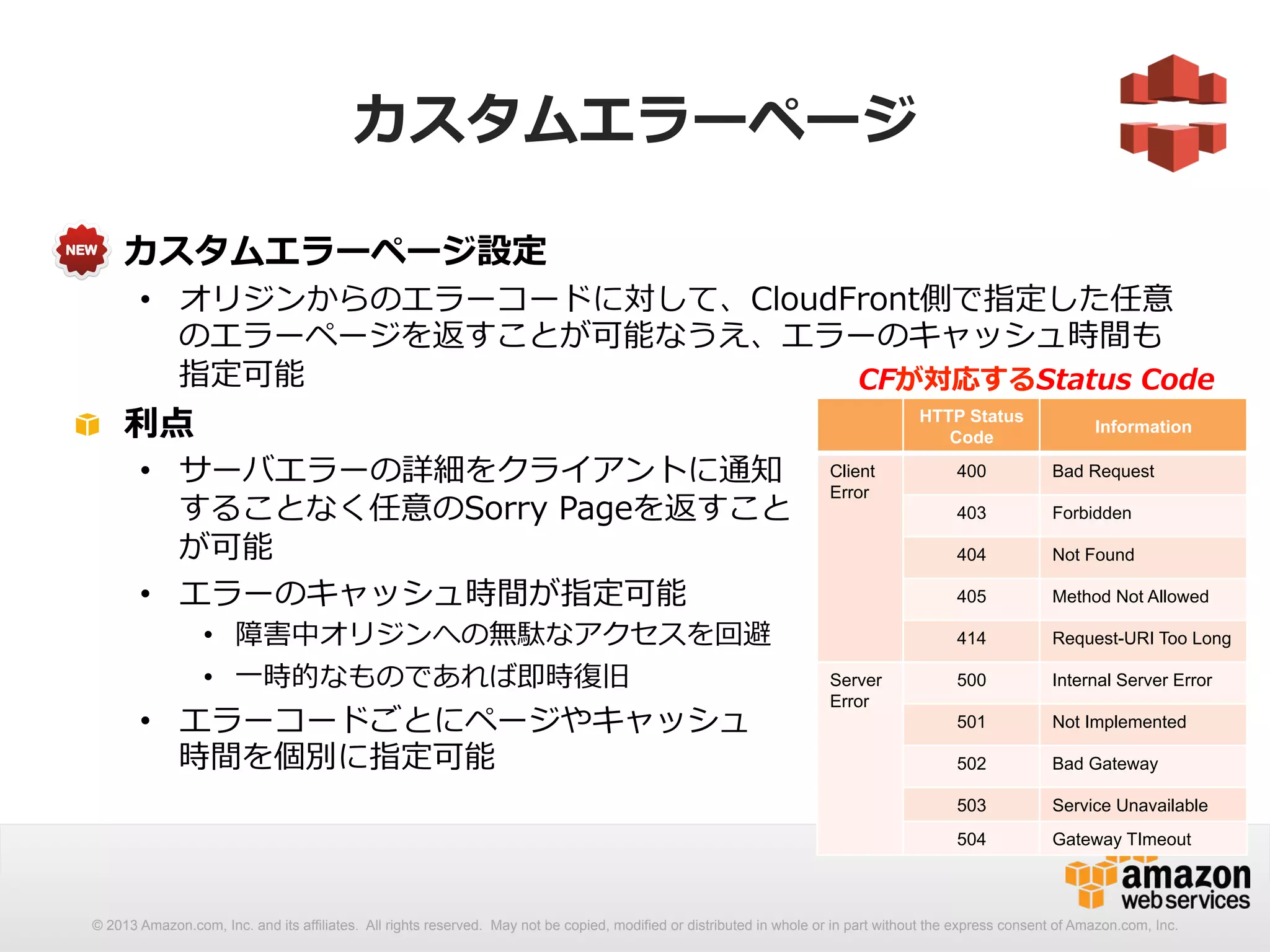 カスタムエラーページ 
! カスタムエラーページ設定 
• オリジンからのエラーコードに対して、CloudFront側で指定した任意 
のエラーページを返すことが可能なうえ、エラーのキャッシュ時間も 
指定可能 
! 利利点 
• サーバエラーの詳細をクライアントに通知 
することなく任意のSorry Pageを返すこと 
が可能 
• エラーのキャッシュ時間が指定可能 
• 障害中オリジンへの無駄なアクセスを回避 
• ⼀一時的なものであれば即時復復旧 
• エラーコードごとにページやキャッシュ 
時間を個別に指定可能 
CFが対応するStatus Code 
HTTP Status 
Code Information 
Client 
Error 
400 Bad Request 
403 Forbidden 
404 Not Found 
405 Method Not Allowed 
414 Request-URI Too Long 
Server 
Error 
500 Internal Server Error 
501 Not Implemented 
502 Bad Gateway 
503 Service Unavailable 
504 Gateway TImeout 
© 2013 Amazon.com, Inc. and its affiliates. All rights reserved. May not be copied, modified or distributed in whole or in part without the express consent of Amazon.com, Inc. 
 