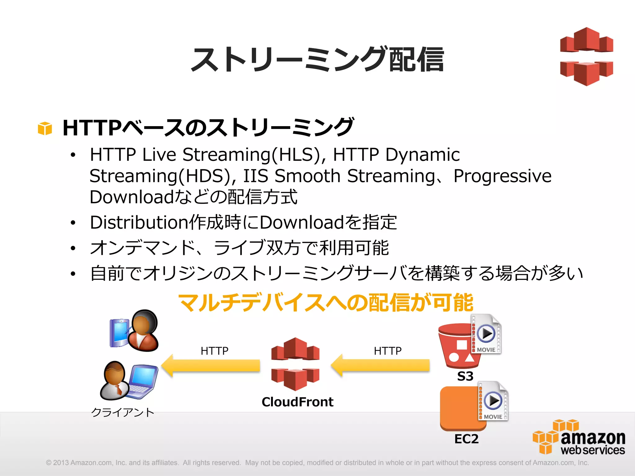ストリーミング配信 
! HTTPベースのストリーミング 
• HTTP Live Streaming(HLS), HTTP Dynamic 
Streaming(HDS), IIS Smooth Streaming、Progressive 
Downloadなどの配信⽅方式 
• Distribution作成時にDownloadを指定 
• オンデマンド、ライブ双⽅方で利利⽤用可能 
• ⾃自前でオリジンのストリーミングサーバを構築する場合が多い 
マルチデバイスへの配信が可能 
CloudFront 
S3 
クライアント 
HTTP 
EC2 
HTTP 
© 2013 Amazon.com, Inc. and its affiliates. All rights reserved. May not be copied, modified or distributed in whole or in part without the express consent of Amazon.com, Inc. 
 