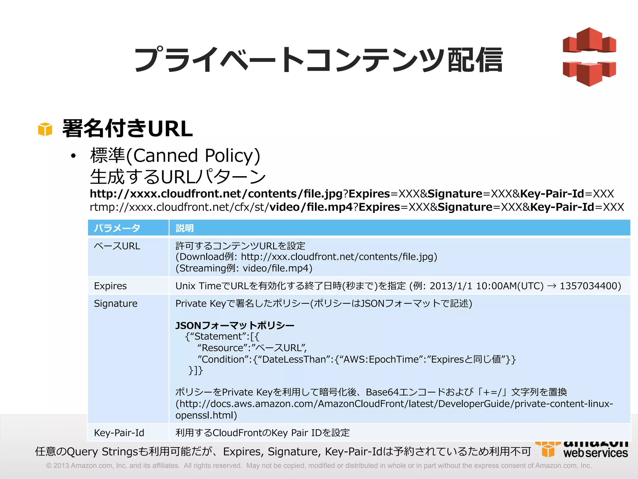 プライベートコンテンツ配信 
! 署名付きURL 
• 標準(Canned Policy) 
⽣生成するURLパターン 
http://xxxx.cloudfront.net/contents/file.jpg?Expires=XXXSignature=XXXKey-‐‑‒Pair-‐‑‒Id=XXX 
rtmp://xxxx.cloudfront.net/cfx/st/video/file.mp4?Expires=XXXSignature=XXXKey-‐‑‒Pair-‐‑‒Id=XXX 
パラメータ説明 
ベースURL許可するコンテンツURLを設定  
(Download例例: http://xxx.cloudfront.net/contents/file.jpg) 
(Streaming例例: video/file.mp4) 
ExpiresUnix TimeでURLを有効化する終了了⽇日時(秒まで)を指定 (例例: 2013/1/1 10:00AM(UTC) → 1357034400) 
SignaturePrivate Keyで署名したポリシー(ポリシーはJSONフォーマットで記述) 
 
JSONフォーマットポリシー 
{“Statement”:[{ 
“Resource”:”ベースURL”, 
”Condition”:{“DateLessThan”:{“AWS:EpochTime”:”Expiresと同じ値”}} 
}]} 
 
ポリシーをPrivate Keyを利利⽤用して暗号化後、Base64エンコードおよび「+=/」⽂文字列列を置換 
(http://docs.aws.amazon.com/AmazonCloudFront/latest/DeveloperGuide/private-‐‑‒content-‐‑‒linux-‐‑‒ 
openssl.html) 
Key-‐‑‒Pair-‐‑‒Id利利⽤用するCloudFrontのKey Pair IDを設定 
任意のQuery Stringsも利利⽤用可能だが、Expires, Signature, Key-‐‑‒Pair-‐‑‒Idは予約されているため利利⽤用不不可 
© 2013 Amazon.com, Inc. and its affiliates. All rights reserved. May not be copied, modified or distributed in whole or in part without the express consent of Amazon.com, Inc. 
 