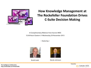How Knowledge Management at
The Rockefeller Foundation Drives
C-Suite Decision Making

A Complimentary Webinar from Aurora WDC
12:00 Noon Eastern /// Wednesday 20 November 2013

~ featuring ~

Scott Leeb
The Intelligence Collaborative
http://IntelCollab.com #IntelCollab

Derek Johnson
Powered by

 