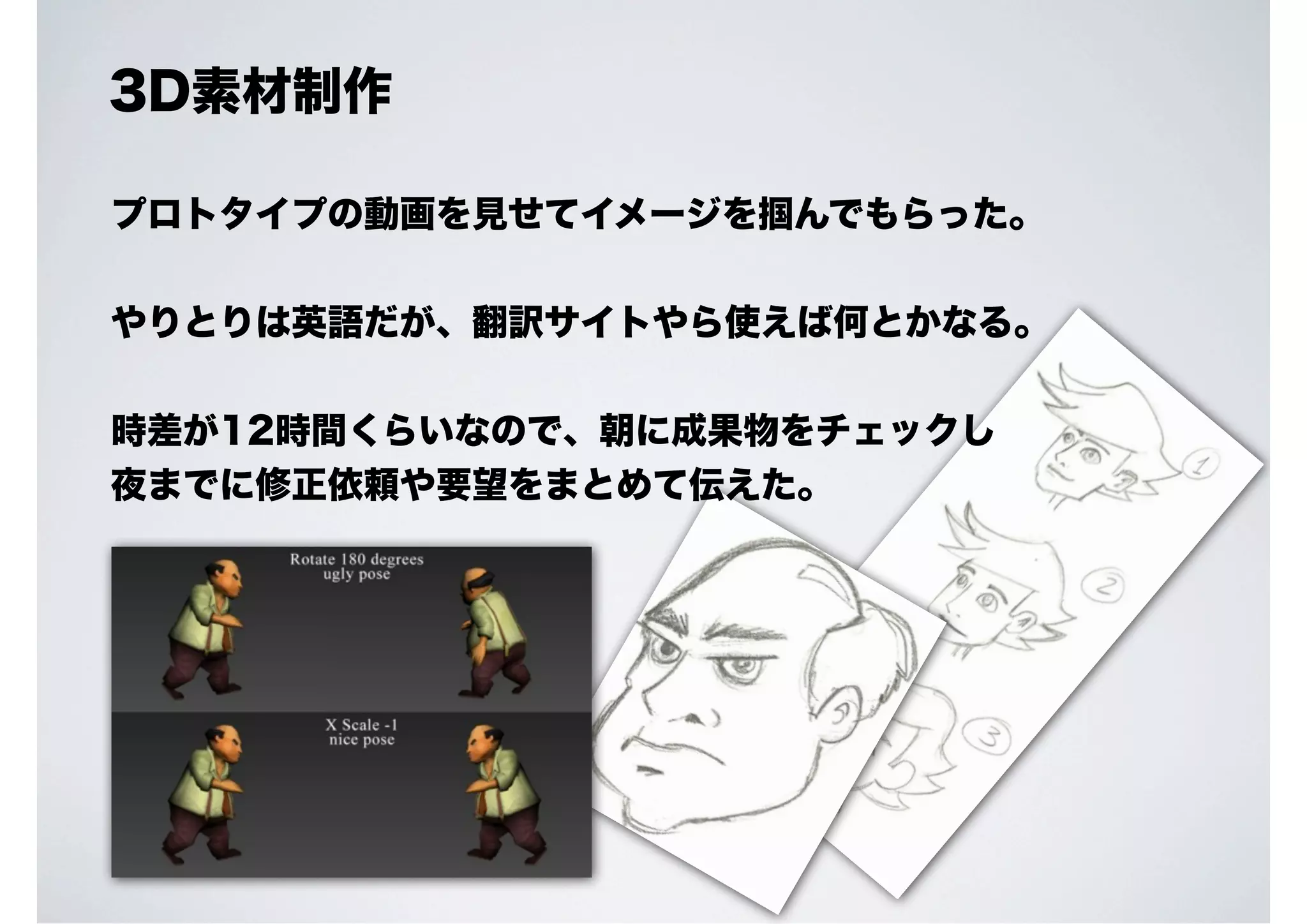 3D素材制作
プロトタイプの動画を見せてイメージを掴んでもらった。
やりとりは英語だが、翻訳サイトやら使えば何とかなる。
時差が12時間くらいなので、朝に成果物をチェックし
夜までに修正依頼や要望をまとめて伝えた。

 