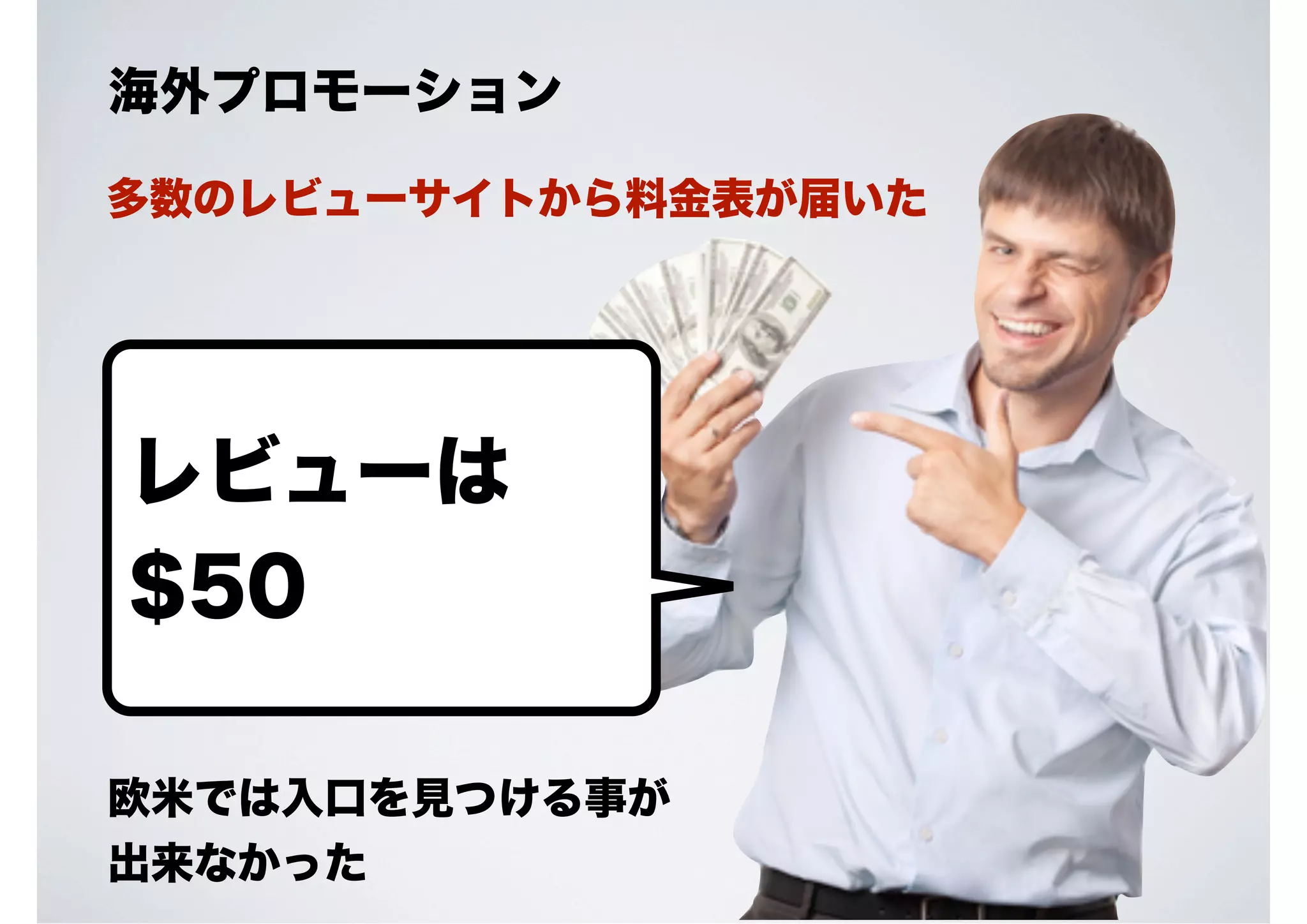 海外プロモーション
多数のレビューサイトから料金表が届いた

レビューは
$50
欧米では入口を見つける事が
出来なかった

 