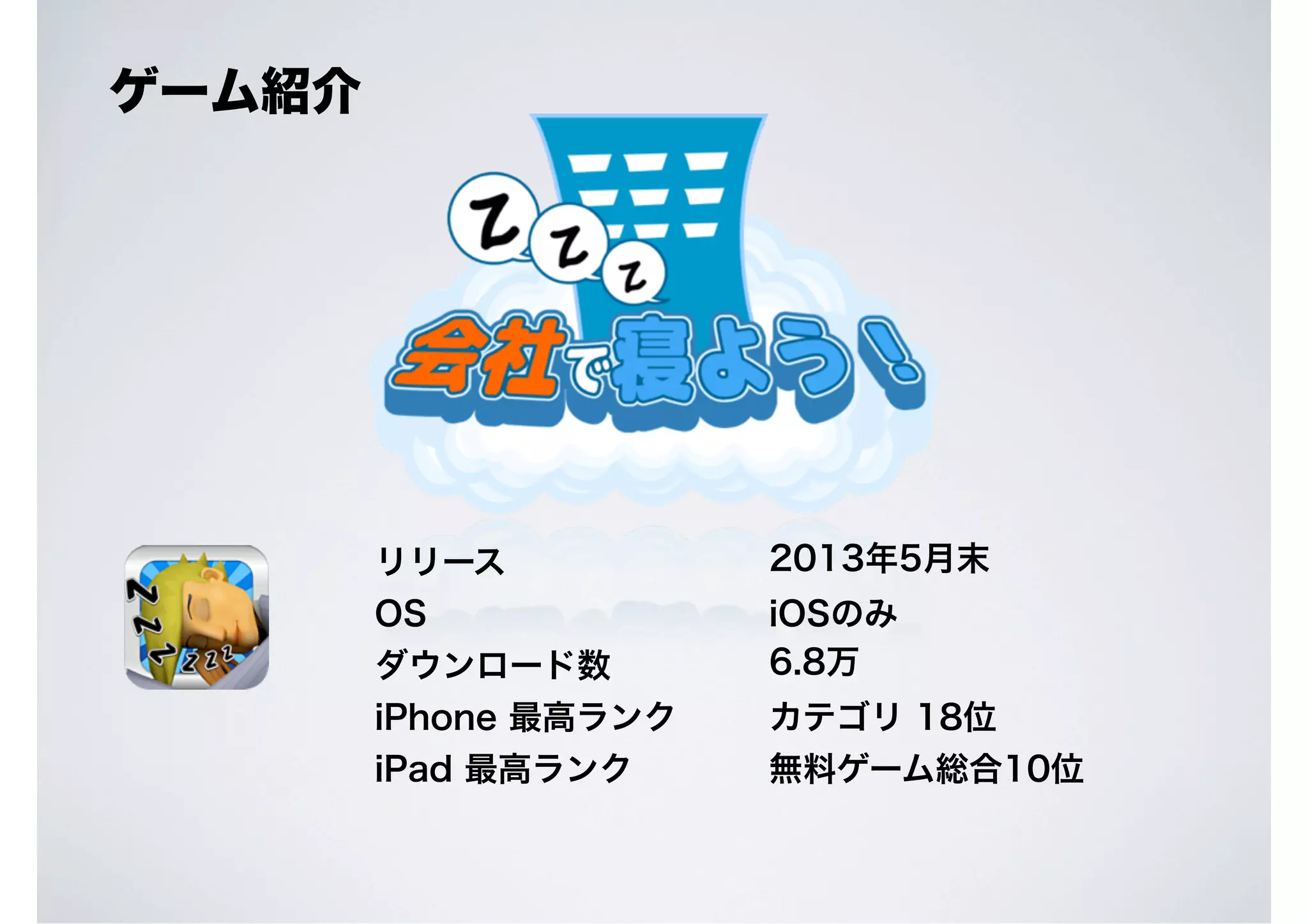 ゲーム紹介

リリース

2013年5月末

OS
ダウンロード数

iOSのみ
6.8万

iPhone 最高ランク

カテゴリ 18位

iPad 最高ランク

無料ゲーム総合10位

 