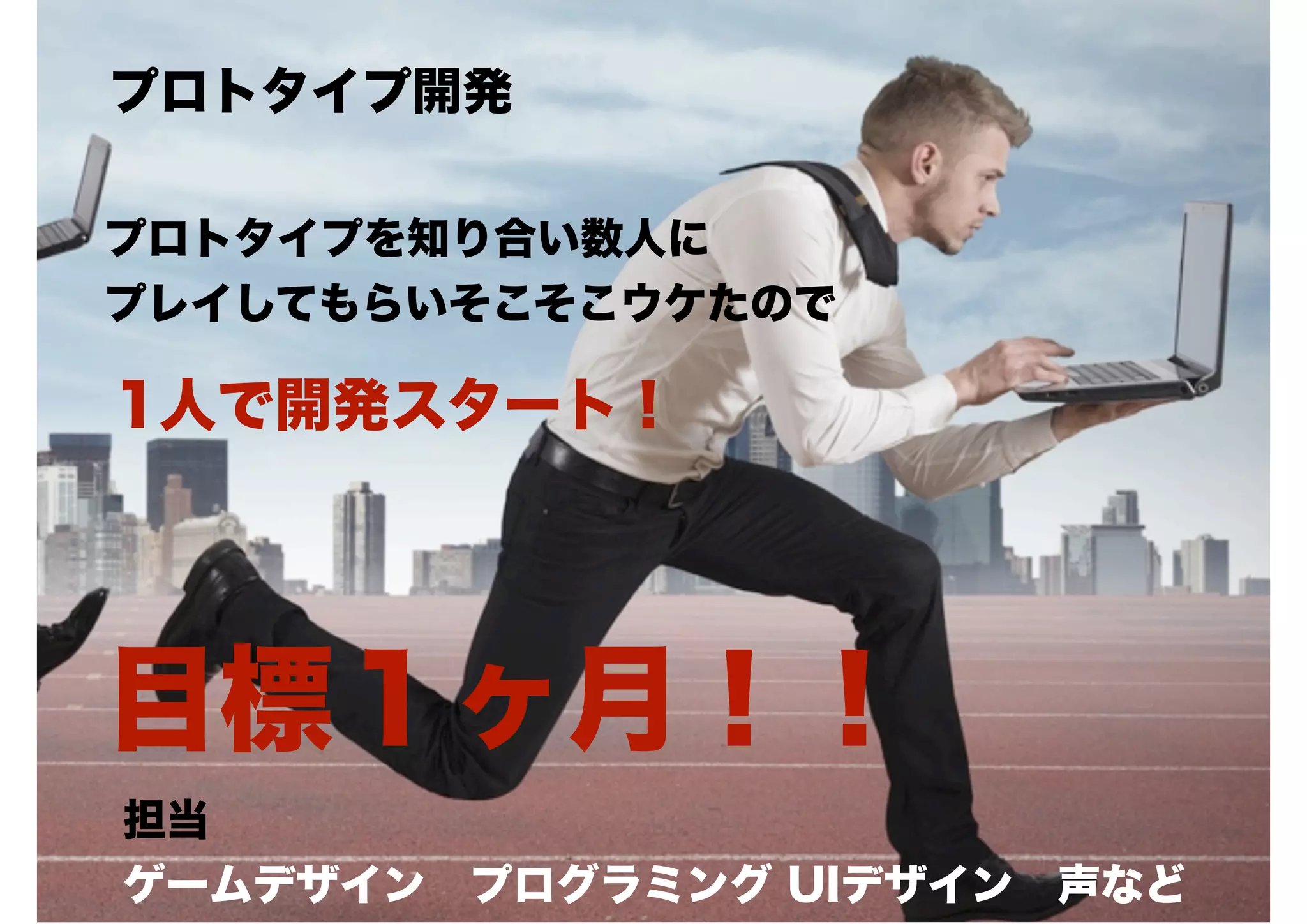 プロトタイプ開発
プロトタイプを知り合い数人に
プレイしてもらいそこそこウケたので

1人で開発スタート！

目標１ヶ月！！
担当 
ゲームデザイン プログラミング UIデザイン 声など

 