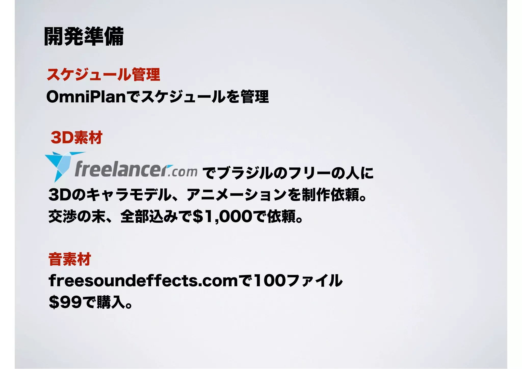 開発準備
スケジュール管理
OmniPlanでスケジュールを管理
3D素材
         
でブラジルのフリーの人に
3Dのキャラモデル、アニメーションを制作依頼。
交渉の末、全部込みで$1,000で依頼。
音素材
freesoundeffects.comで100ファイル
$99で購入。

 