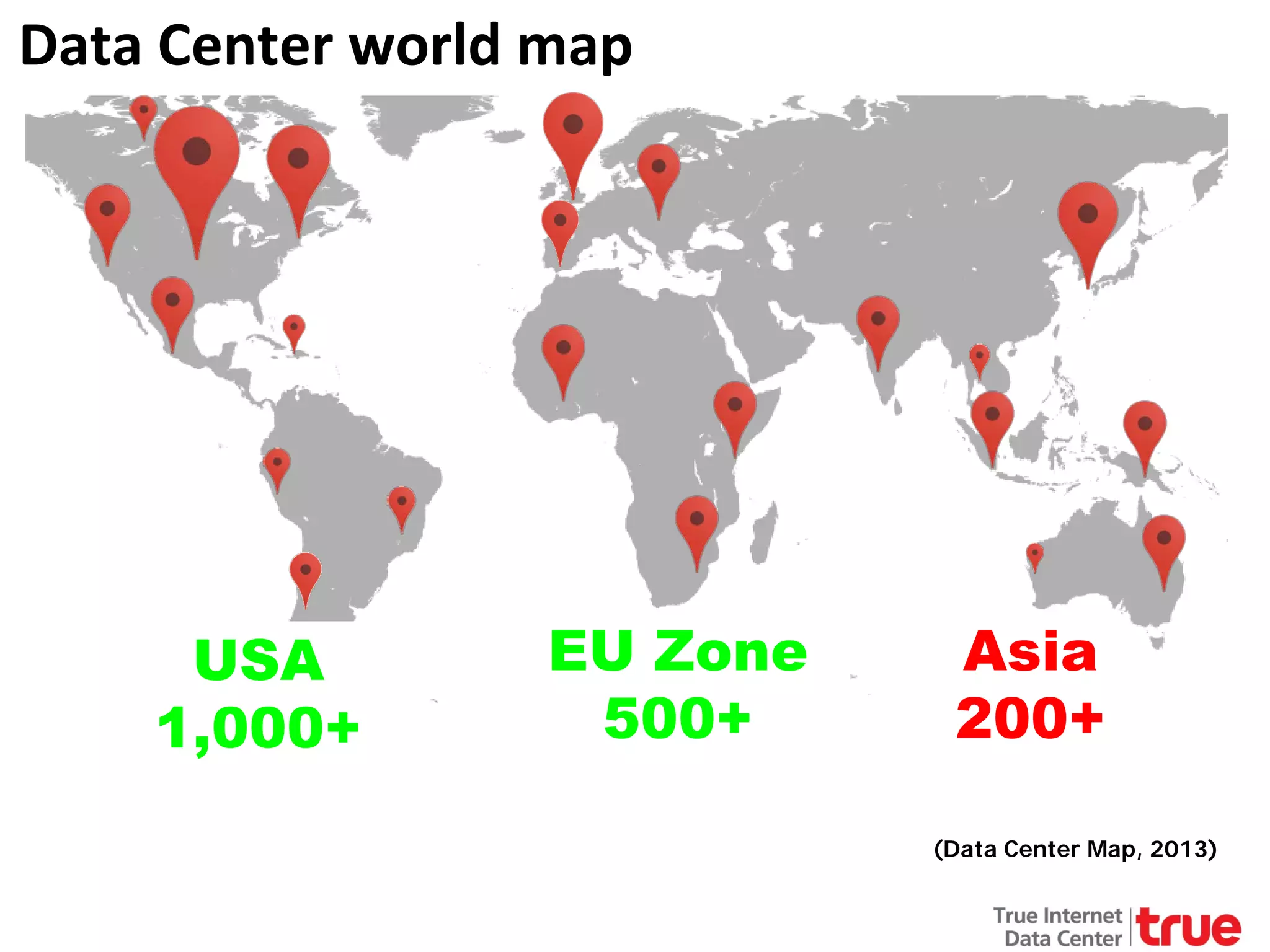 Data Center world map

USA
1,000+

EU Zone
500+

Asia
200+
(Data Center Map, 2013)

 