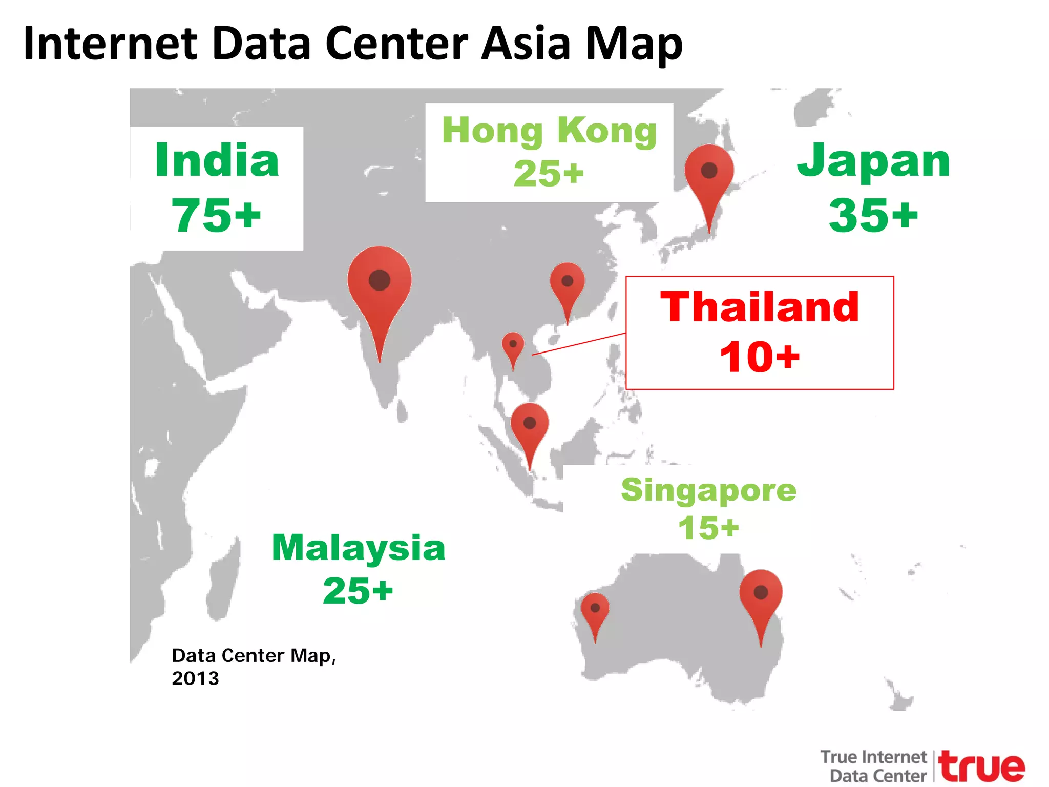Internet Data Center Asia Map
India
75+

Hong Kong
25+

Japan
35+
Thailand
10+

Malaysia
25+
Data Center Map,
2013

Singapore
15+

 