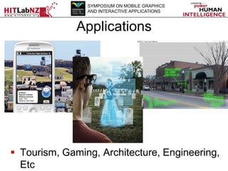 SYMPOSIUM ON MOBILE GRAPHICS
AND INTERACTIVE APPLICATIONS

Applications

 Tourism, Gaming, Architecture, Engineering,
Etc

 