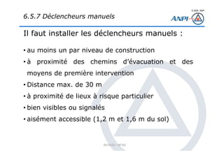© 2008– ANPI
20131121 – NT162
Il faut installer les déclencheurs manuels :
• au moins un par niveau de construction
• à proximité des chemins d’évacuation et des
moyens de première intervention
• Distance max. de 30 m
• à proximité de lieux à risque particulier
• bien visibles ou signalés
• aisément accessible (1,2 m et 1,6 m du sol)
6.5.7 Déclencheurs manuels
 