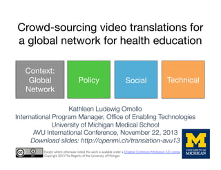 Crowd-sourcing video translations for
a global network for health education
Context:
Global
Network

Policy

Social

Technical

Kathleen Ludewig Omollo
International Program Manager, Ofﬁce of Enabling Technologies
University of Michigan Medical School
AVU International Conference, November 22, 2013
Download slides: http://openmi.ch/translation-avu13
Except where otherwise noted, this work is available under a Creative Commons Attribution 3.0 License.	

Copyright 2013 The Regents of the University of Michigan	


 