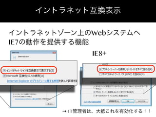 イントラネット互換表示
イントラネットゾーン上のWebシステムへ
IE7の動作を提供する機能
IE8+

→ IT管理者は、大抵これを有効化する！！

 