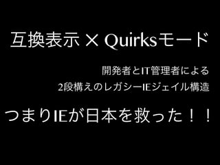 互換表示 ✕ Quirksモード
開発者とIT管理者による
2段構えのレガシーIEジェイル構造

つまりIEが日本を救った！！

 