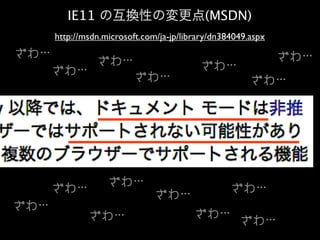 IE11 の互換性の変更点(MSDN)
http://msdn.microsoft.com/ja-jp/library/dn384049.aspx

ざわ…
ざわ…

ざわ…
ざわ…

ざわ…
ざわ…

ざわ…

ざわ…

ざわ…

ざわ…

ざわ…
ざわ…

ざわ…

ざわ…

ざわ…

 