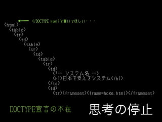 <!DOCTYPE html>と書いてほしい・・・

<html>
<table>
<tr>
<td>
<table>
<tr>
<td>
<table>
<tr>
<td>
<!-- システム名 -->
<h1>日本を支えるシステム</h1>
</td>
<td>
<tr><frameset><frame=hoge.html></frameset>

DOCTYPE宣言の不在

思考の停止

 