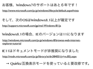 お客様、Windows7のサポートはあと６年です！
http://www.microsoft.com/ja-jp/windows/lifecycle/default.aspx#vista

そして、次のOSはWindows8.1以上が確定です
http://support.microsoft.com/gp/msl-Windows-81/ja

Windows8.1の場合、IEのバージョンは11になります
http://windows.microsoft.com/ja-jp/windows-8/browse-web-internetexplorer-tutorial

IE11はドキュメントモードが非推奨になりました
http://msdn.microsoft.com/ja-jp/library/ie/dn384051(v=vs.85).aspx

→ Quirks/互換表示モードを使っていると要改修です。

 
