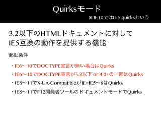 Quirksモード

※ IE10ではIE5 quirksという

3.2以下のHTMLドキュメントに対して
IE5互換の動作を提供する機能
起動条件
・IE6∼10でDOCTYPE宣言が無い場合はQuirks
・IE6∼10でDOCTYPE宣...