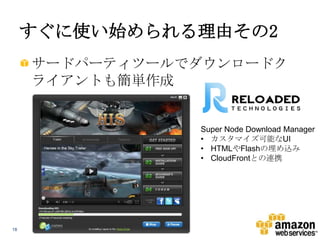 すぐに使い始められる理由その2
サードパーティツールでダウンロードク
ライアントも簡単作成

Super Node Download Manager
• カスタマイズ可能なUI
• HTMLやFlashの埋め込み
• CloudFrontとの連携

18

 