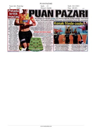 PUAN PAZARI
Yayın Adı : Posta Ege
Ili
: Izmir

Sayfa : 13
Periyod : Günlük

www.medyatakip.com

Tarih : 24.11.2013
Tiraj : 443.451

1/1

 