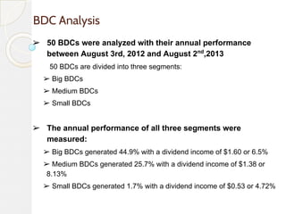 BDC Analysis
➢ 50 BDCs were analyzed with their annual performance
between August 3rd, 2012 and August 2nd,2013
50 BDCs ar...