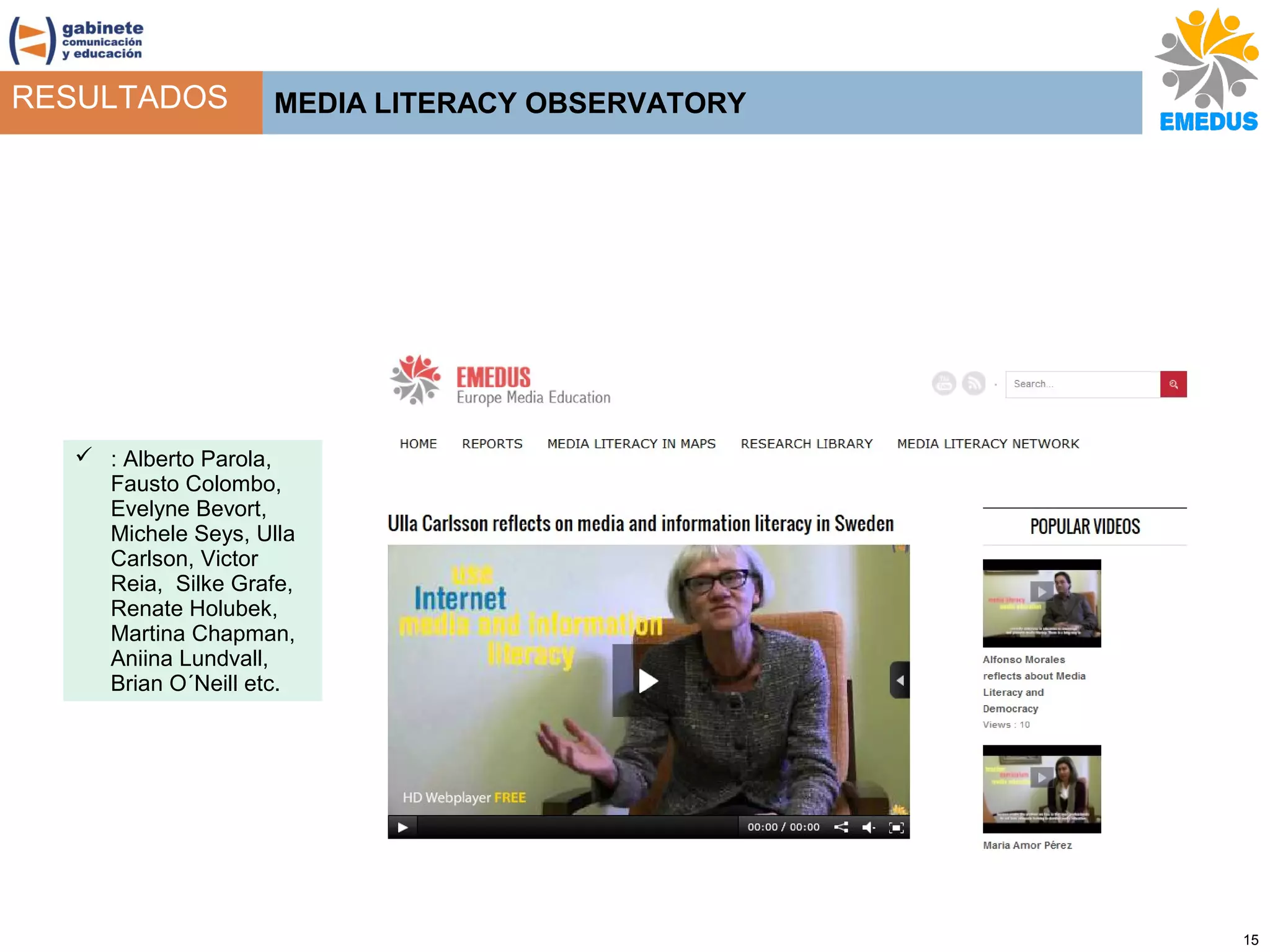 RESULTADOS

MEDIA LITERACY OBSERVATORY

 : Alberto Parola,
Fausto Colombo,
Evelyne Bevort,
Michele Seys, Ulla
Carlson, Victor
Reia, Silke Grafe,
Renate Holubek,
Martina Chapman,
Aniina Lundvall,
Brian O´Neill etc.

15

 