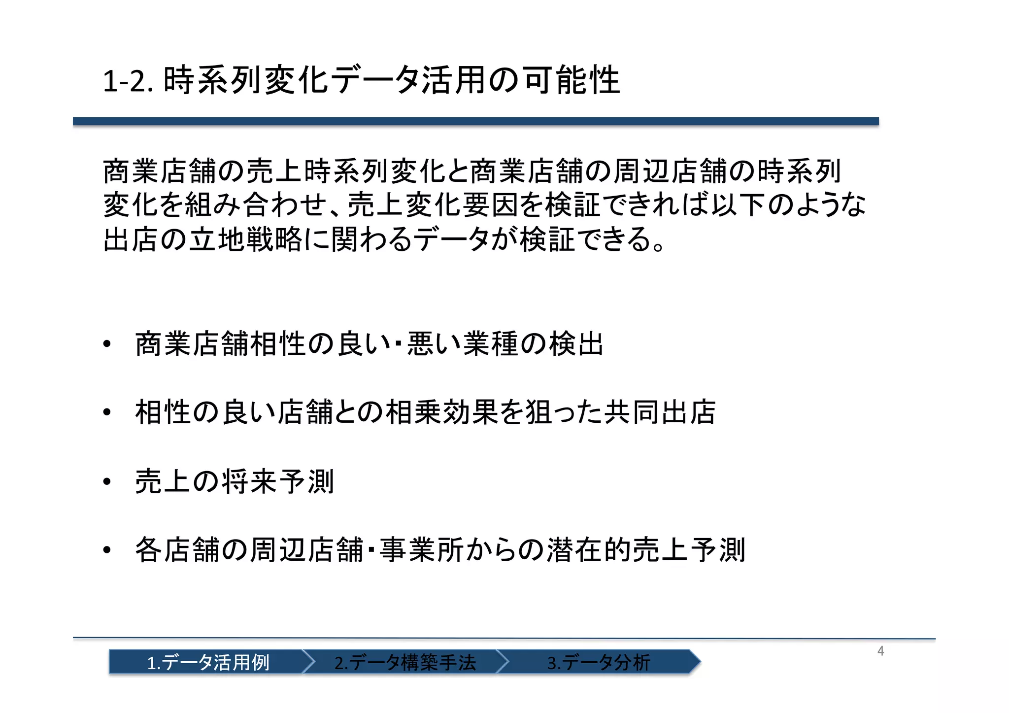 1-­‐2.	
  時系列変化データ活用の可能性	
  
商業店舗の売上時系列変化と商業店舗の周辺店舗の時系列
変化を組み合わせ、売上変化要因を検証できれば以下のような
出店の立地戦略に関わるデータが検証できる。	
  
	
  
•  商業店舗相性の良い・悪い業種の検出	
  
•  相性の良い店舗との相乗効果を狙った共同出店	
  
•  売上の将来予測	
  
•  各店舗の周辺店舗・事業所からの潜在的売上予測	
  

1.データ活用例	

2.データ構築手法	

3.データ分析	

4	

 