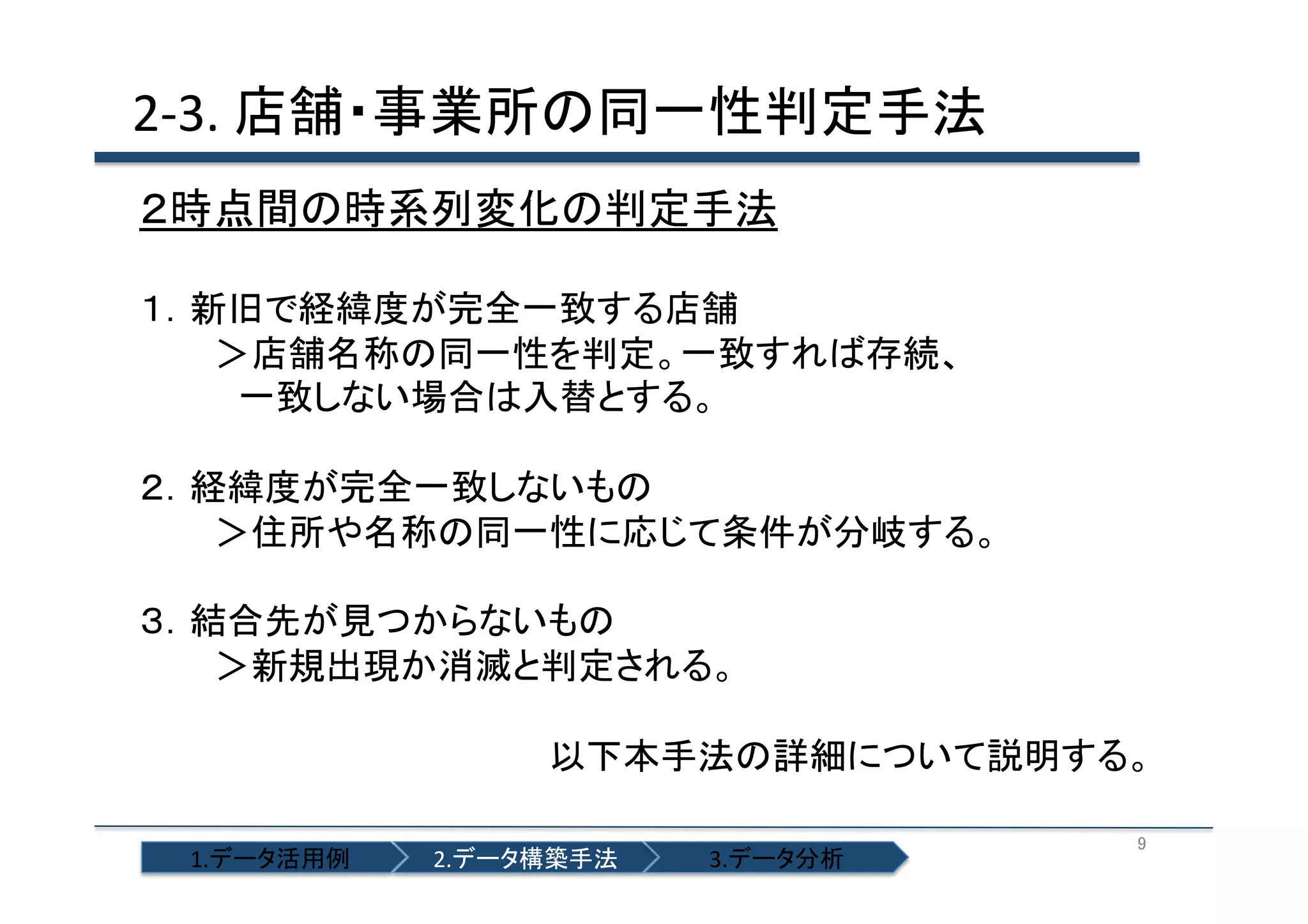 2-­‐3.	
  店舗・事業所の同一性判定手法	
２時点間の時系列変化の判定手法	
  
	
  
１．新旧で経緯度が完全一致する店舗	
  
　　　＞店舗名称の同一性を判定。一致すれば存続、	
  
　　　　一致しない場合は入替とする。	
  
２．経緯度が完全一致しないもの	
  
　　　＞住所や名称の同一性に応じて条件が分岐する。	
  
	
  
３．結合先が見つからないもの	
  
　　　＞新規出現か消滅と判定される。	
  
	
  
以下本手法の詳細について説明する。	
  
1.データ活用例	

2.データ構築手法	

3.データ分析	

9	

 