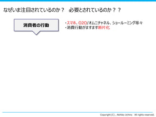 なぜいま注目されているのか？ 必要とされているのか？？
消費者の行動

・スマホ、O2O/オムニチャネル、ショールーミング等々
・消費行動がますます断片化

Copyright (C) , Akihiko Uchino

All rights reserved.

 