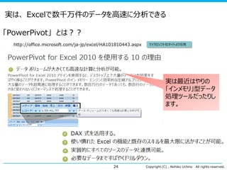 実は、 Excelで数千万件のデータを高速に分析できる
「PowerPivot」 とは？？
http://office.microsoft.com/ja-jp/excel/HA101810443.aspx

マイクロソフト社サイトより引用

実は最近はやりの
「インメモリ」型データ
処理ツールだったりし
ます。

24

Copyright (C) , Akihiko Uchino

All rights reserved.

 