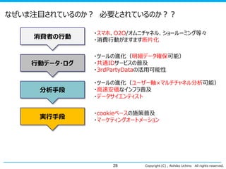 なぜいま注目されているのか？ 必要とされているのか？？
消費者の行動

行動データ・ログ

・スマホ、O2O/オムニチャネル、ショールーミング等々
・消費行動がますます断片化
・ツールの進化（明細データ確保可能）
・共通IDサービスの普及
・3rdPartyDataの活用可能性

分析手段

・ツールの進化（ユーザー軸×マルチチャネル分析可能）
・高速安価なインフラ普及
・データサイエンティスト

実行手段

・cookieベースの施策普及
・マーケティングオートメーション

28

Copyright (C) , Akihiko Uchino

All rights reserved.

 