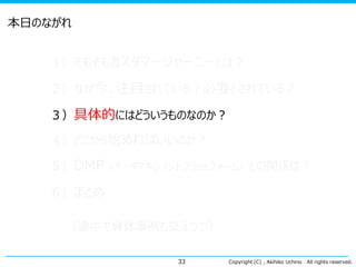 本日のながれ
１）そもそもカスタマージャーニーとは？
２）なぜ今、注目されている？必要とされている？

３）具体的にはどういうものなのか？
４）どこから始めればいいのか？

５）DMP（データマネジメントプラットフォーム）との関係は？
６）まとめ

（途中で具体事例も交えつつ）
33

Copyright (C) , Akihiko Uchino

All rights reserved.

 
